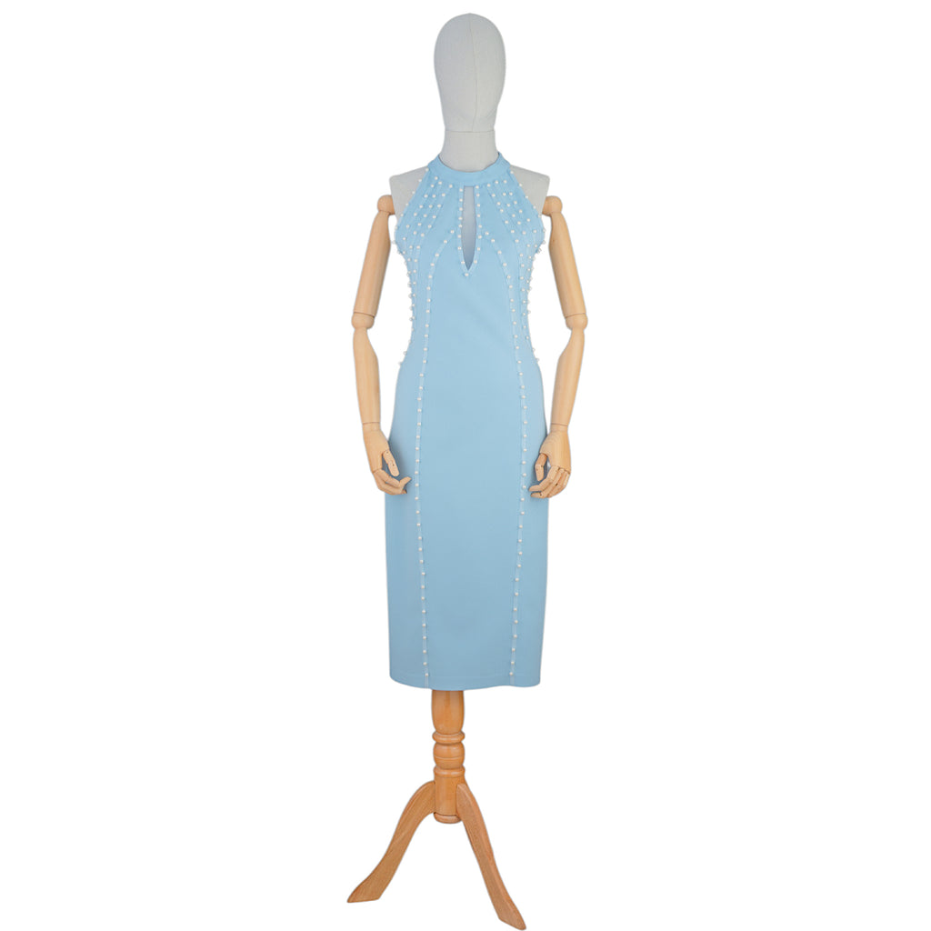 💎 Light Blue Bodycon Dress with Pearl Stud Accents