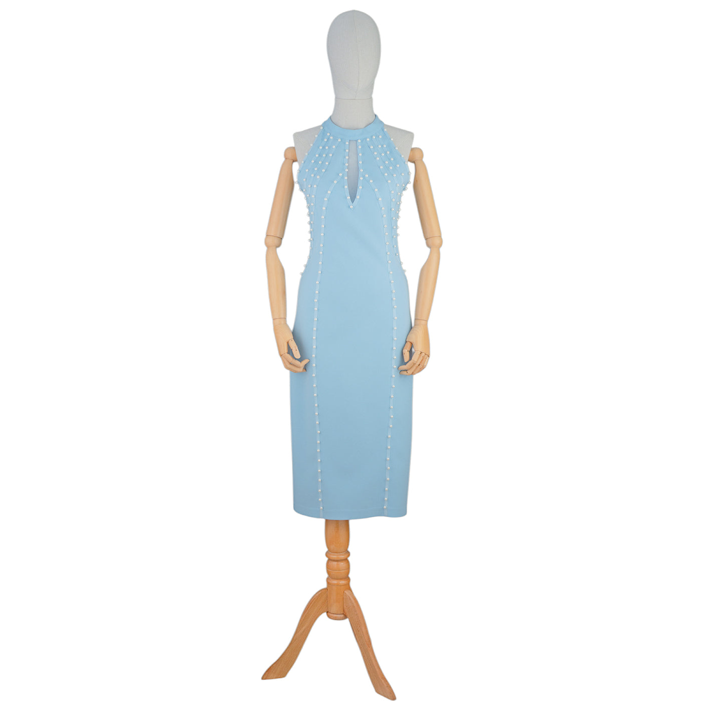 💎 Light Blue Bodycon Dress with Pearl Stud Accents
