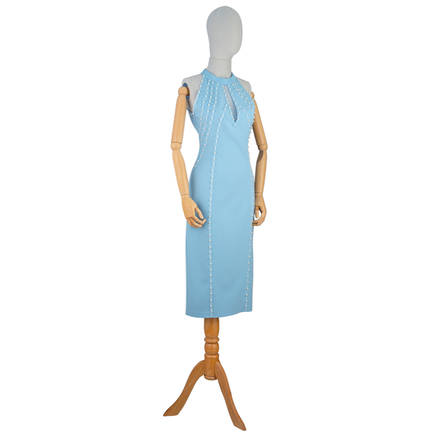 π Light Blue Bodycon Dress with Pearl Stud Accents