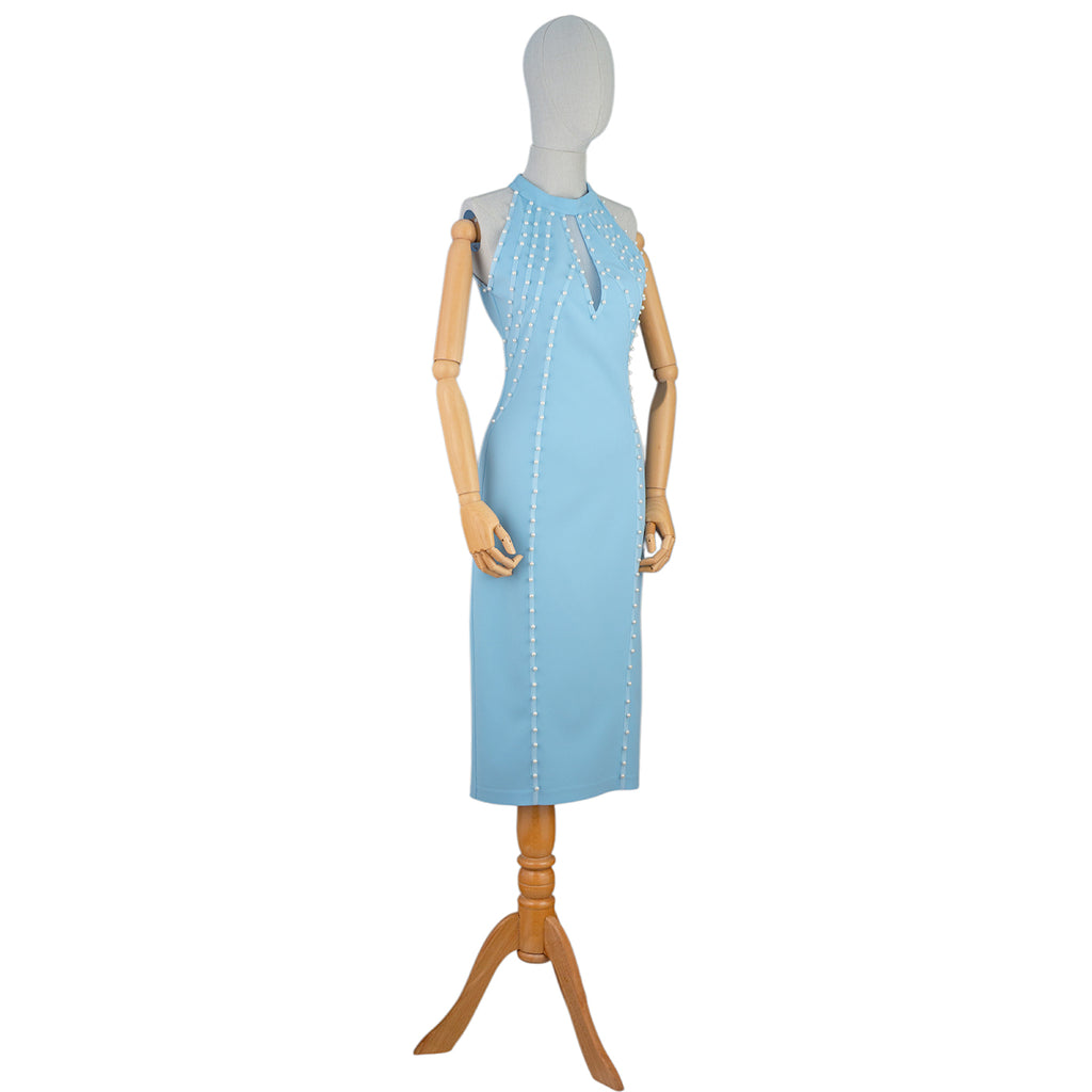 💎 Light Blue Bodycon Dress with Pearl Stud Accents