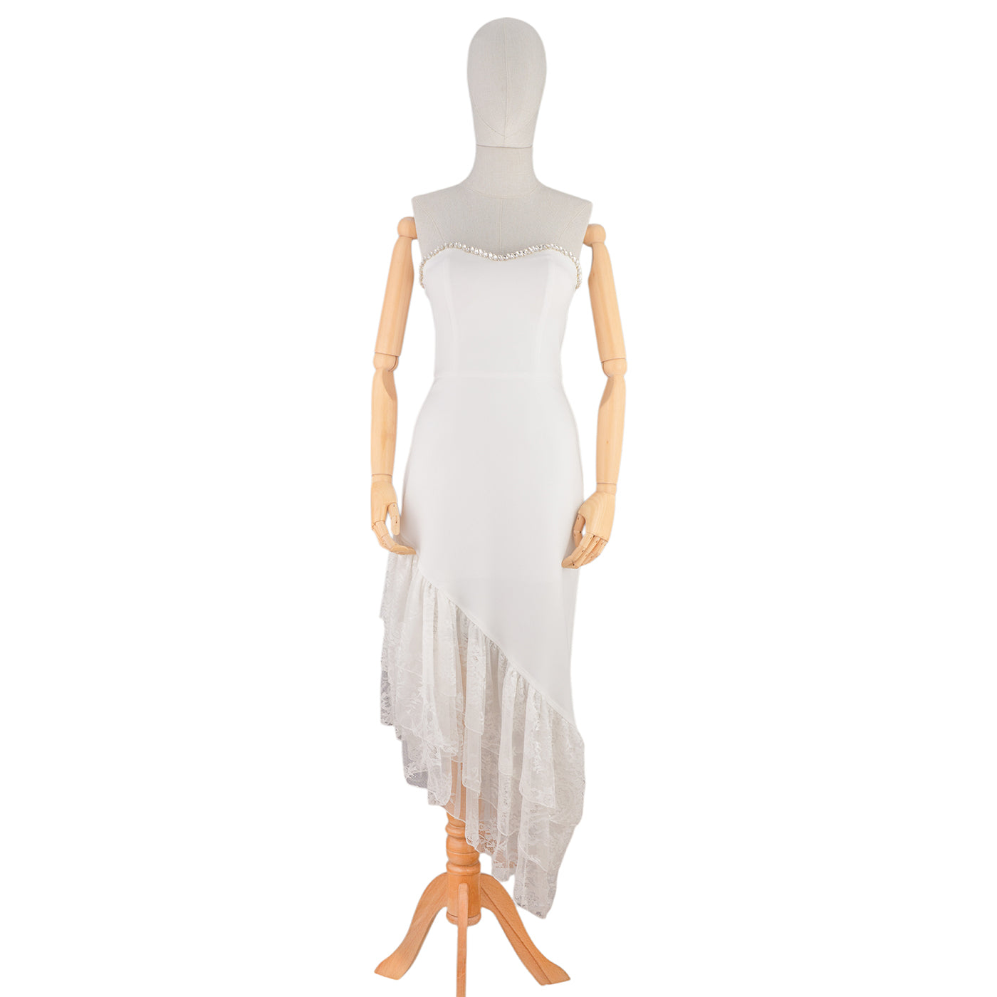 White Strapless Dress with Asymmetrical Lace Hem