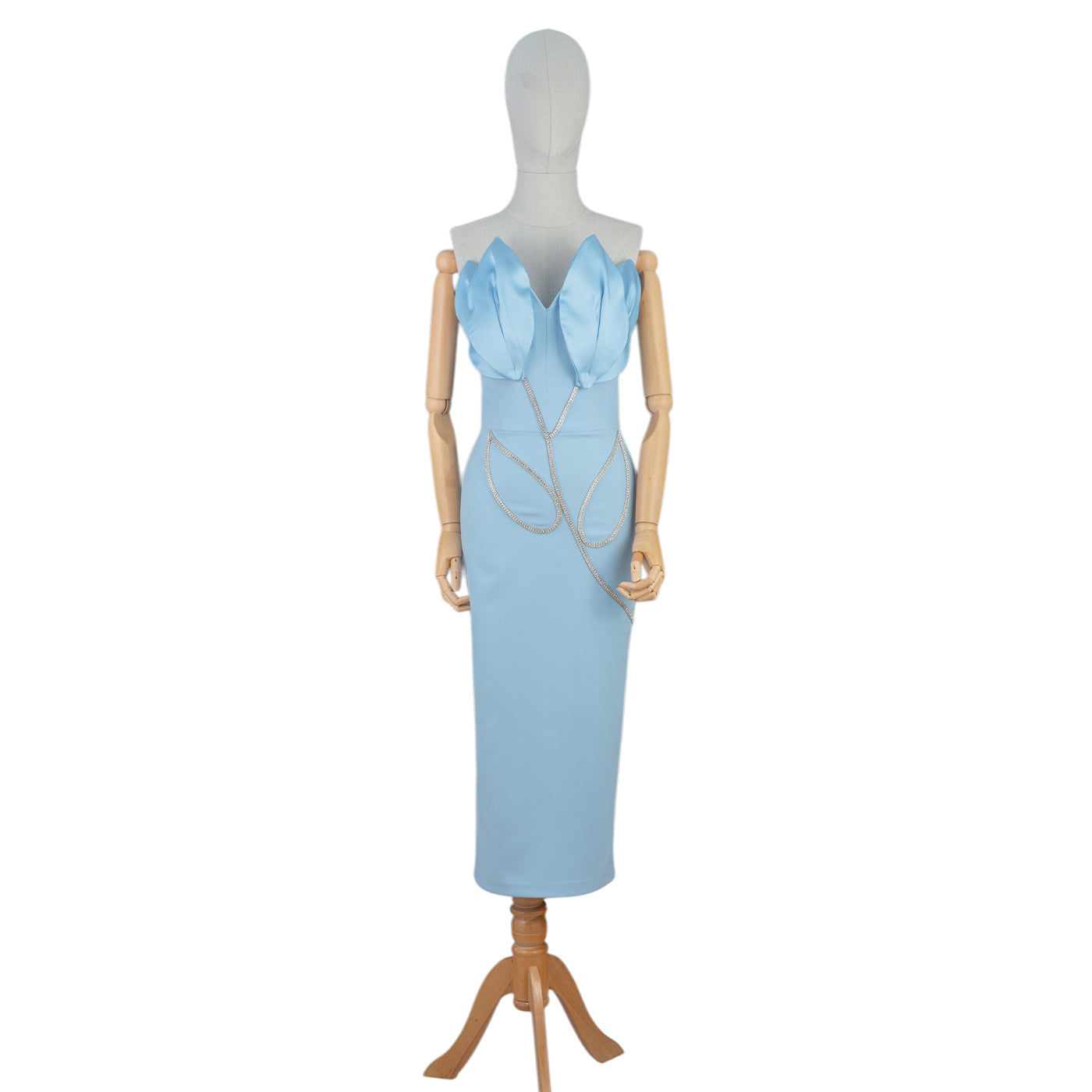 Light Blue Petal Bodice Dress with Crystal Chain Details