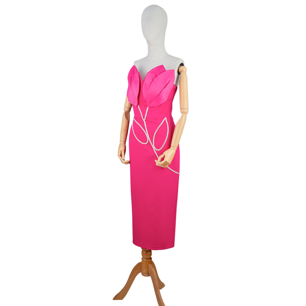 Hot Pink Dress with Petal Bodice and Crystal Chains
