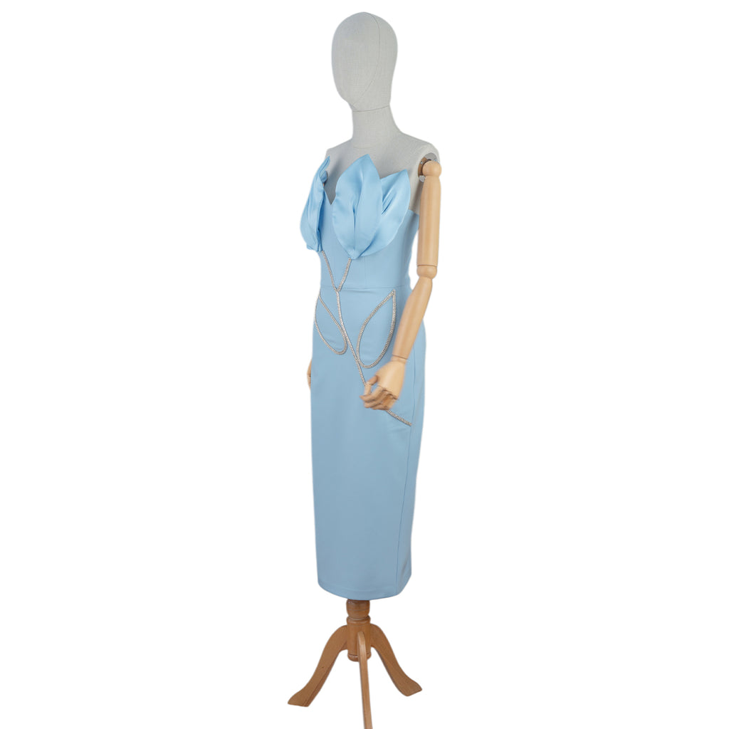 Light Blue Petal Bodice Dress with Crystal Chain Details
