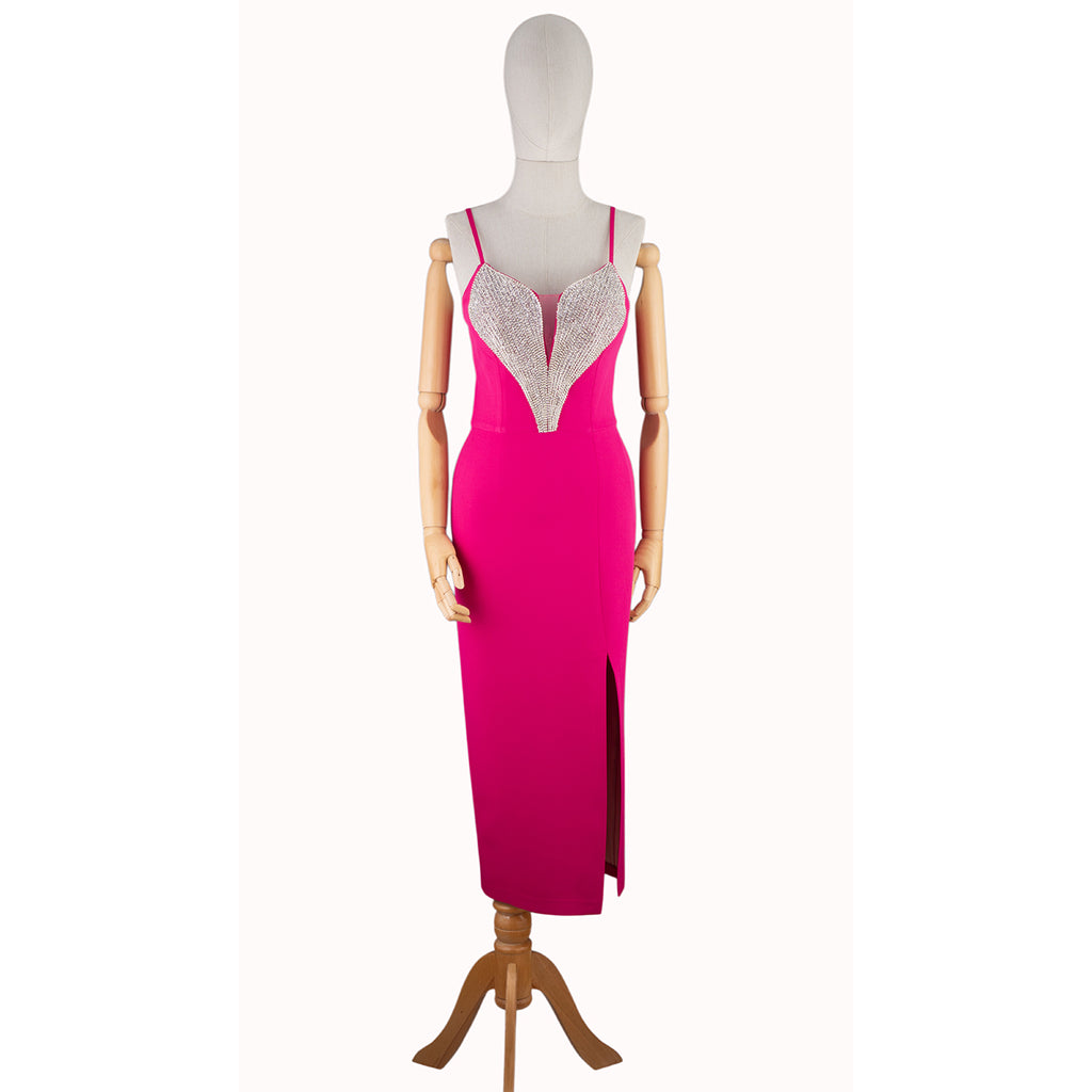 Hot Pink Dress with Deep V-Neck and Crystal Embellishment