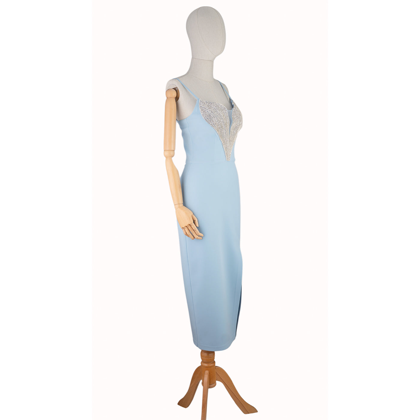 Light Blue Dress with Crystal Embellishment and Deep Neckline