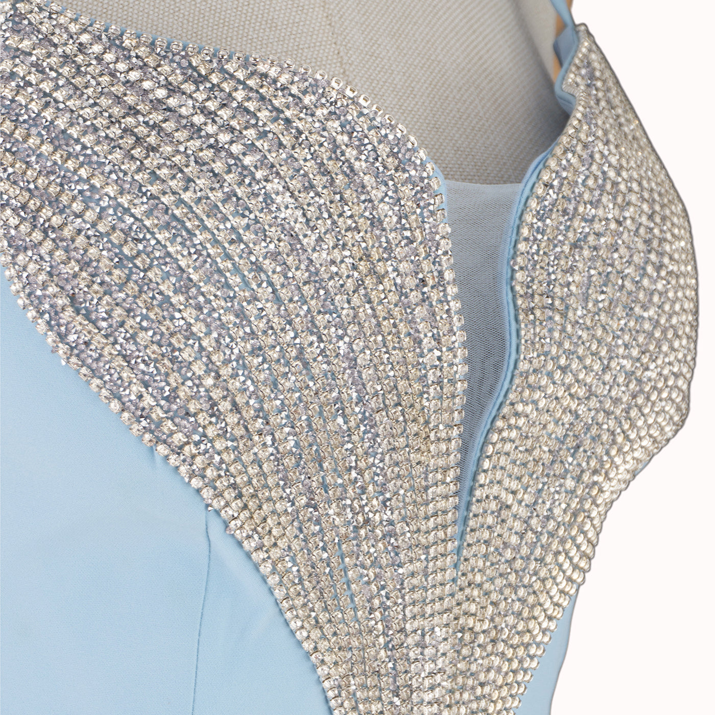 Light Blue Dress with Crystal Embellishment and Deep Neckline