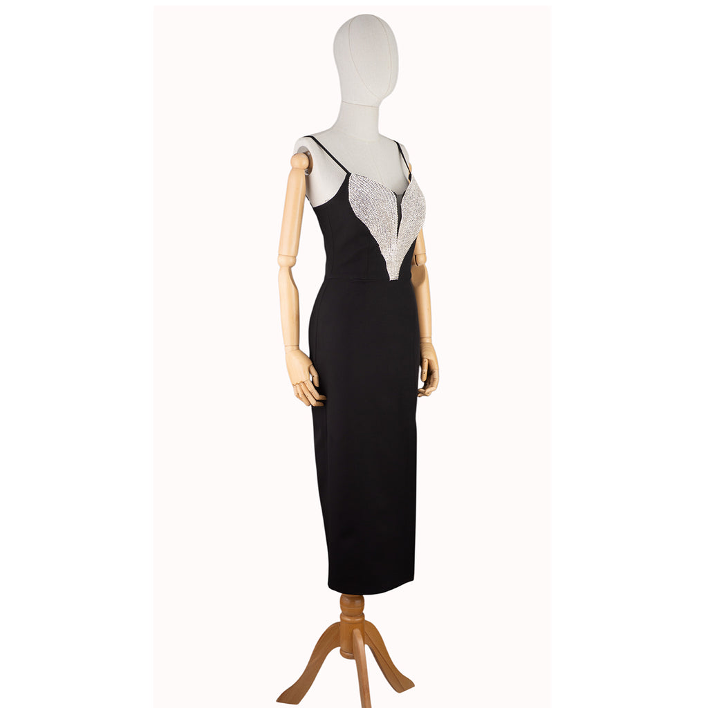 Black Dress with Deep Crystal-Embellished Neckline