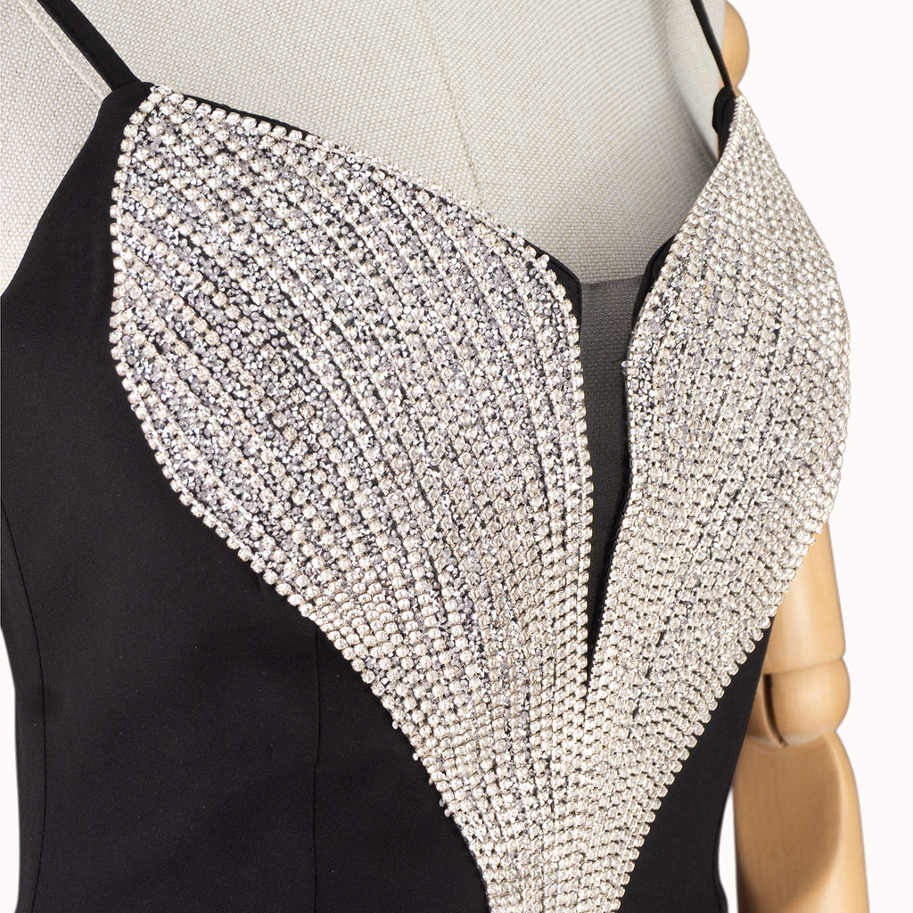 Black Dress with Deep Crystal-Embellished Neckline