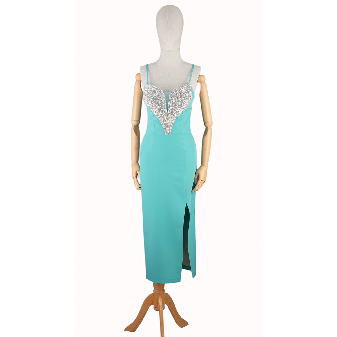 Mint Green Dress with Crystal Neckline and Side Slit