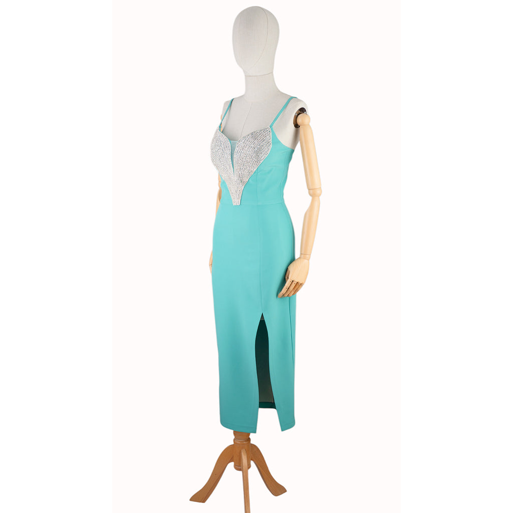 Mint Green Dress with Crystal Neckline and Side Slit