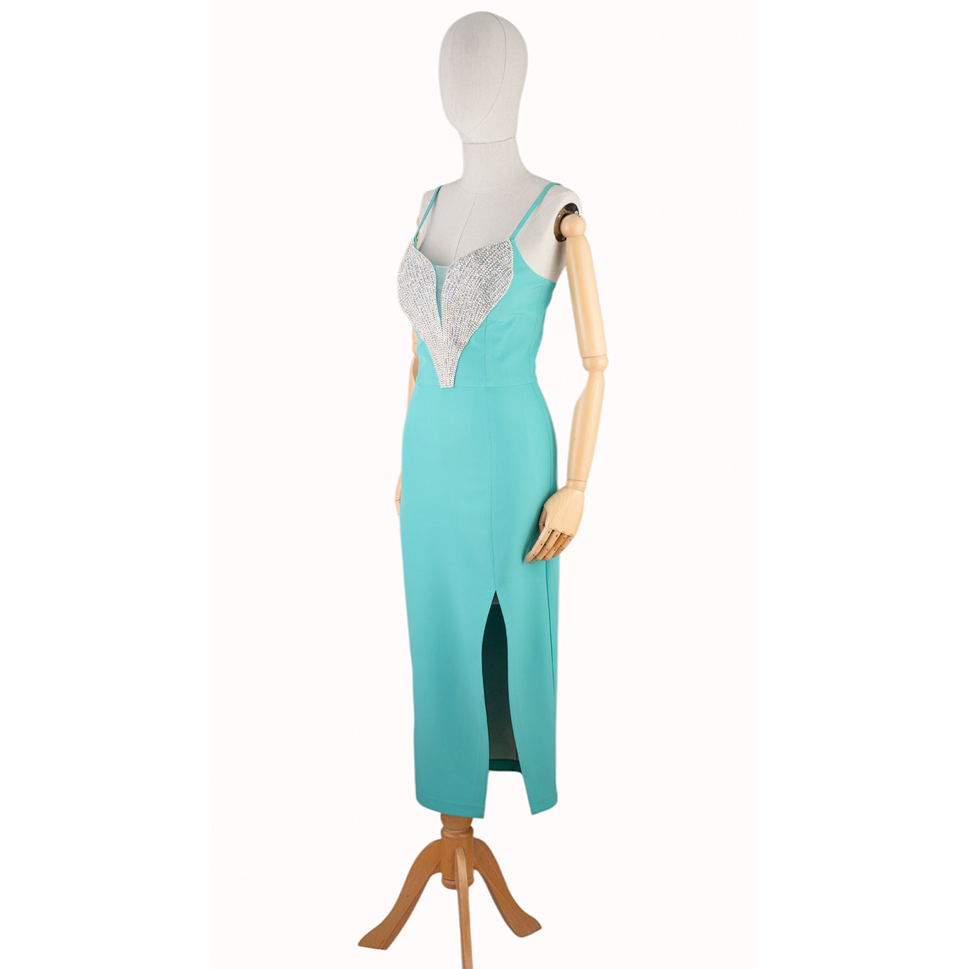 Mint Green Dress with Crystal Neckline and Side Slit