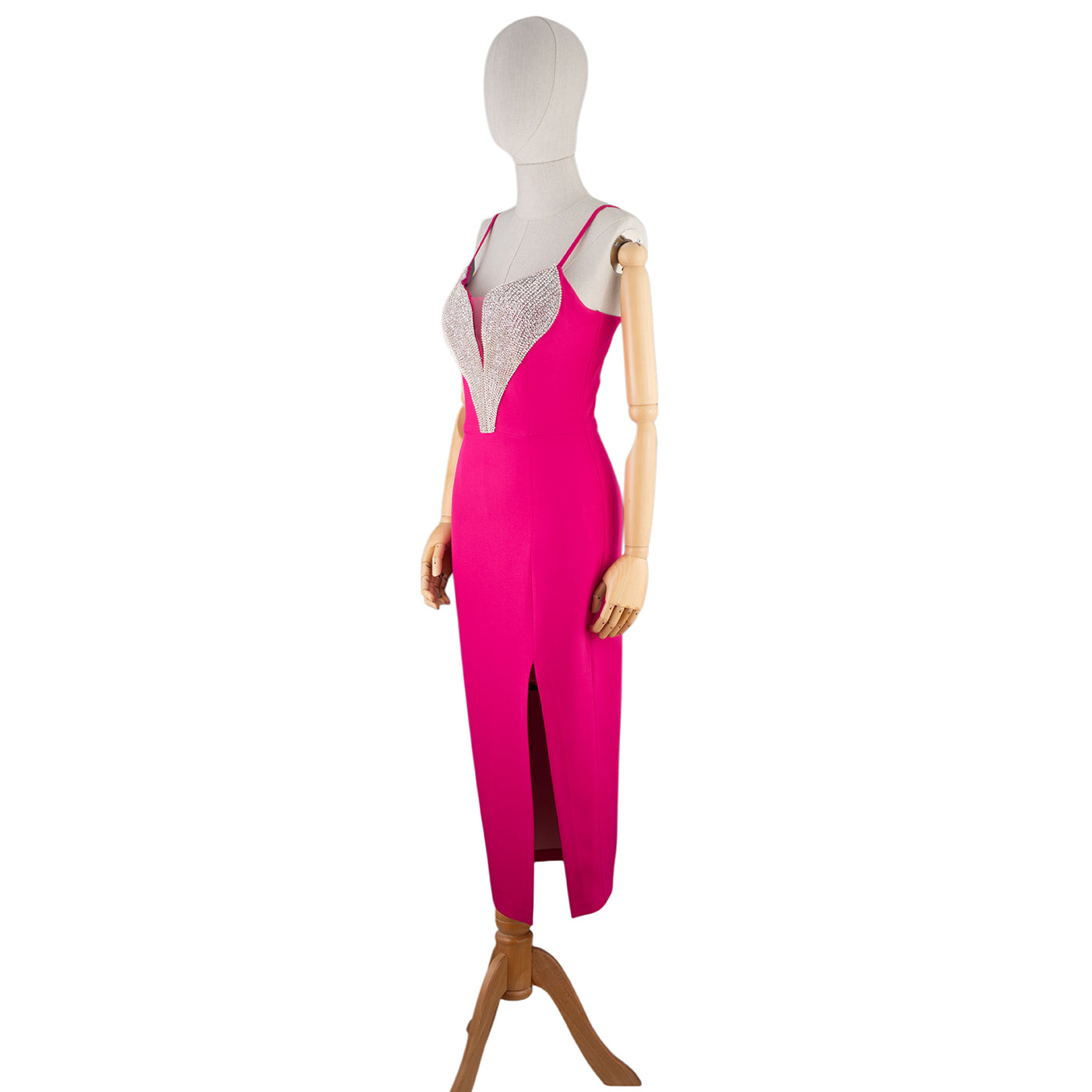 Hot Pink Dress with Deep V-Neck and Crystal Embellishment
