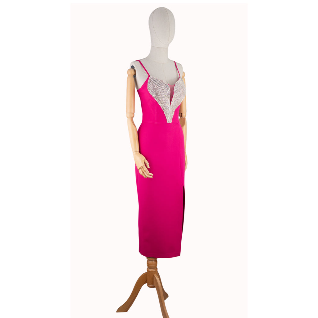 Hot Pink Dress with Deep V-Neck and Crystal Embellishment