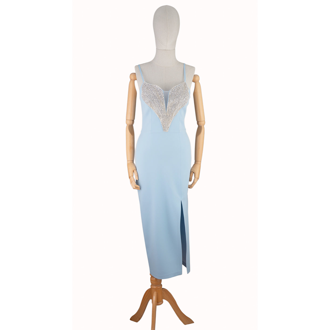 Light Blue Dress with Crystal Embellishment and Deep Neckline