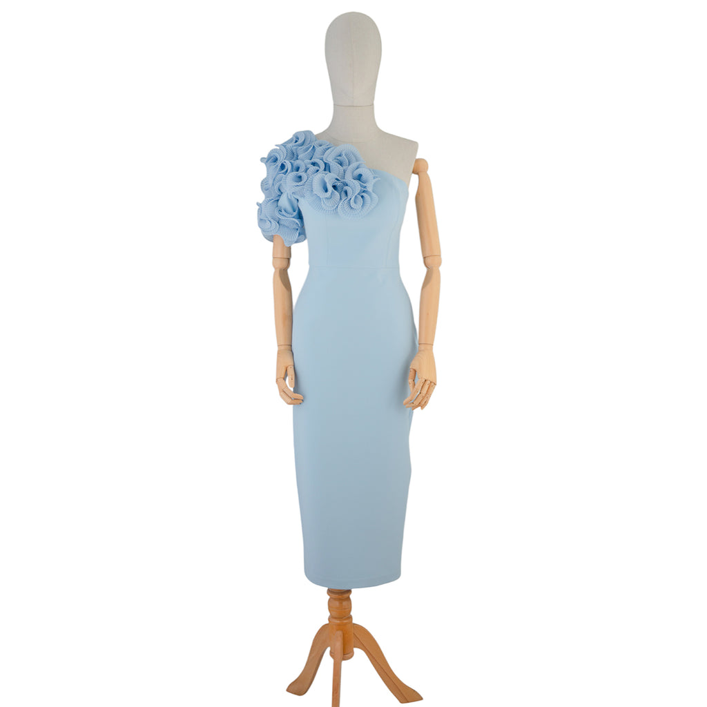 Light Blue One-Shoulder Dress with 3D Floral Detail