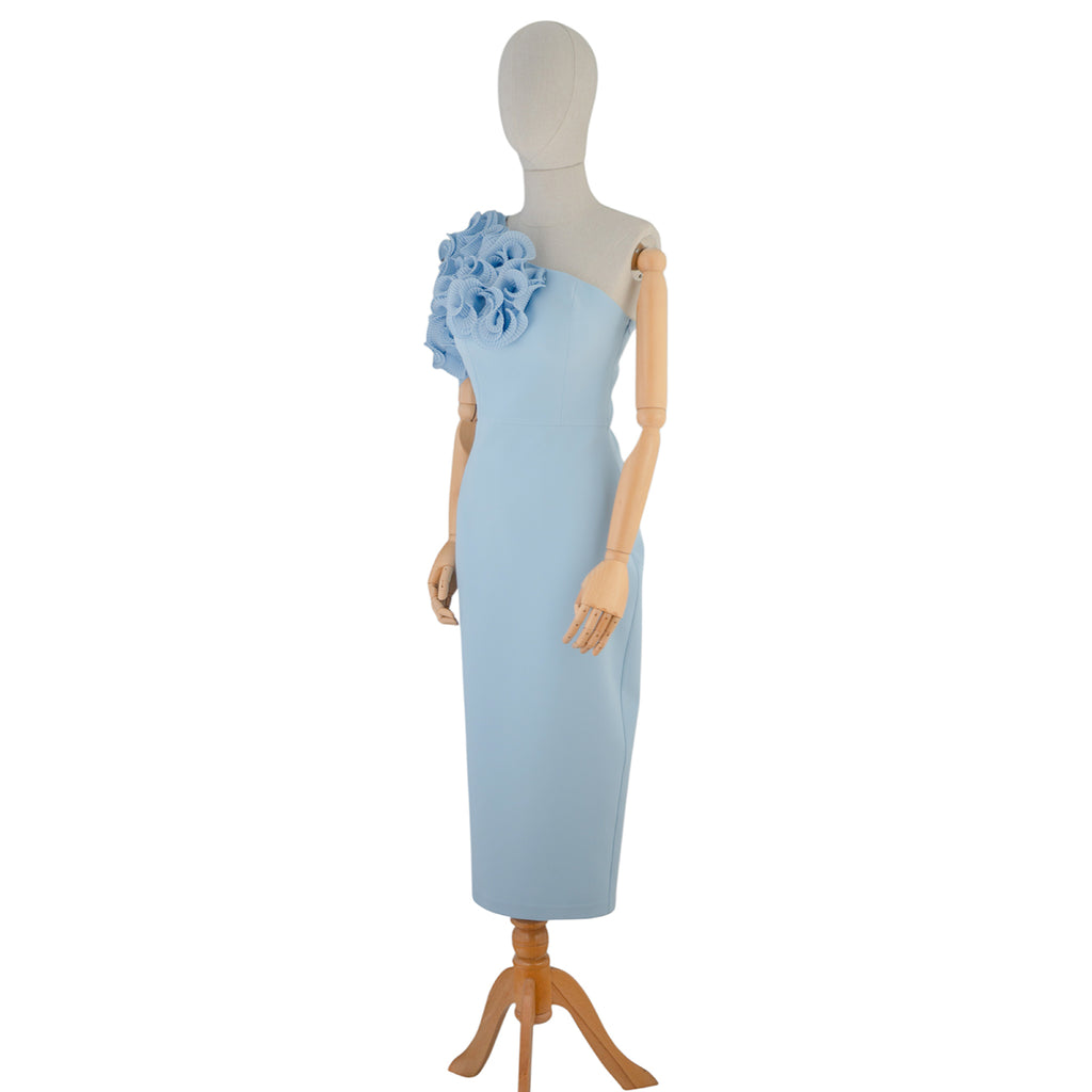 Light Blue One-Shoulder Dress with 3D Floral Detail