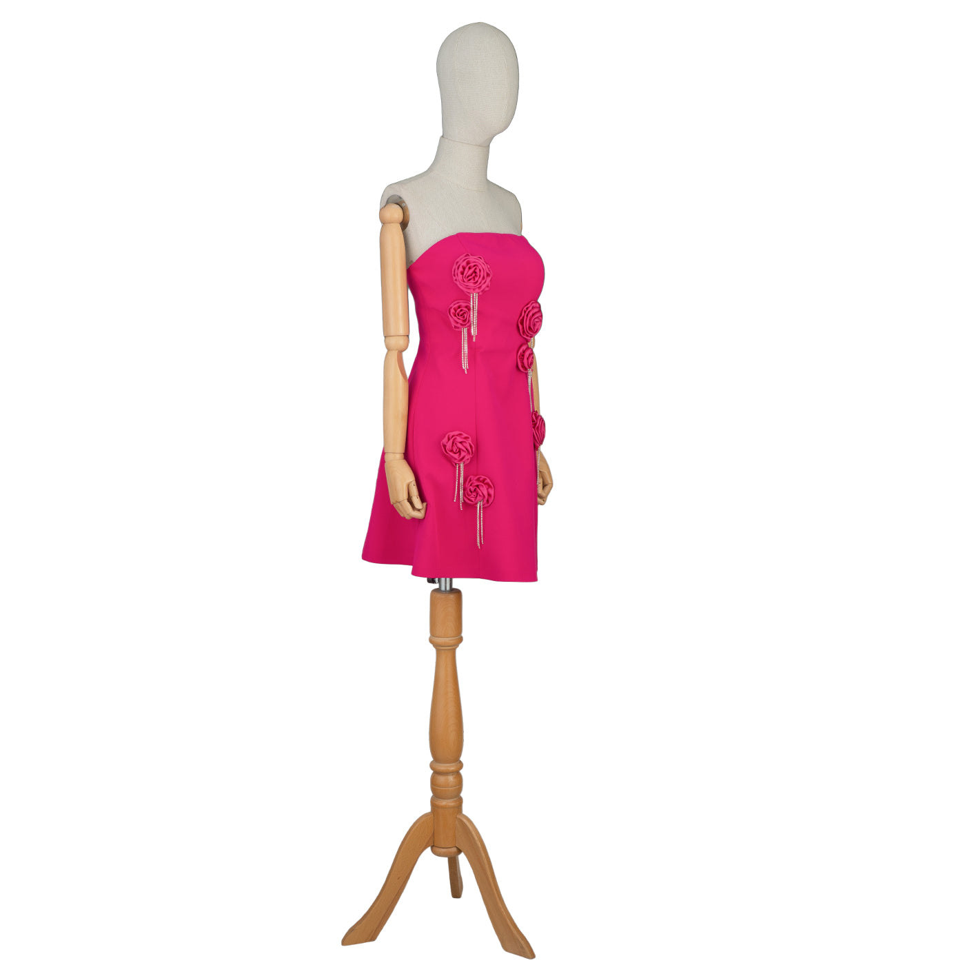 Hot Pink Mini Dress with 3D Roses and Crystal Fringe