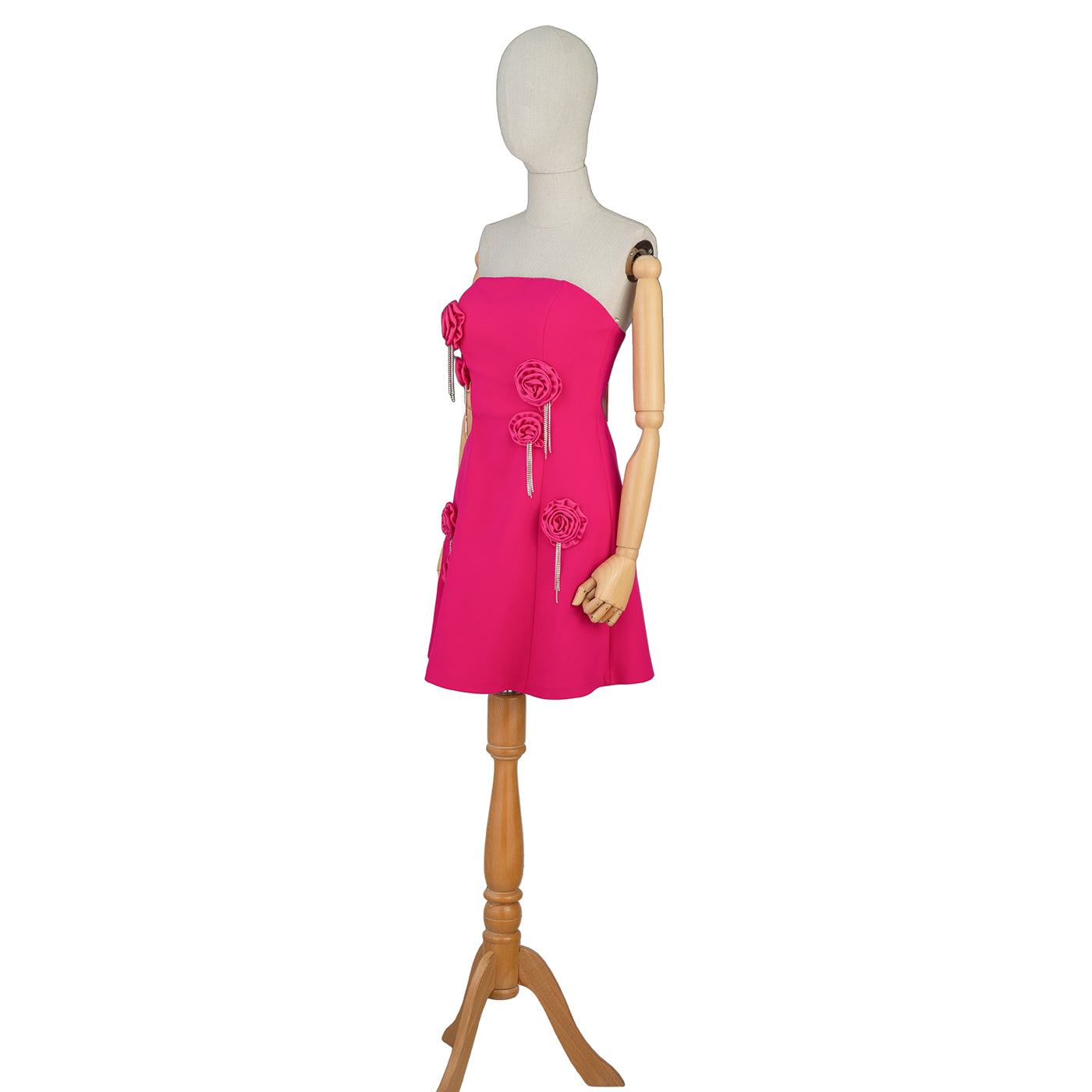 Hot Pink Mini Dress with 3D Roses and Crystal Fringe