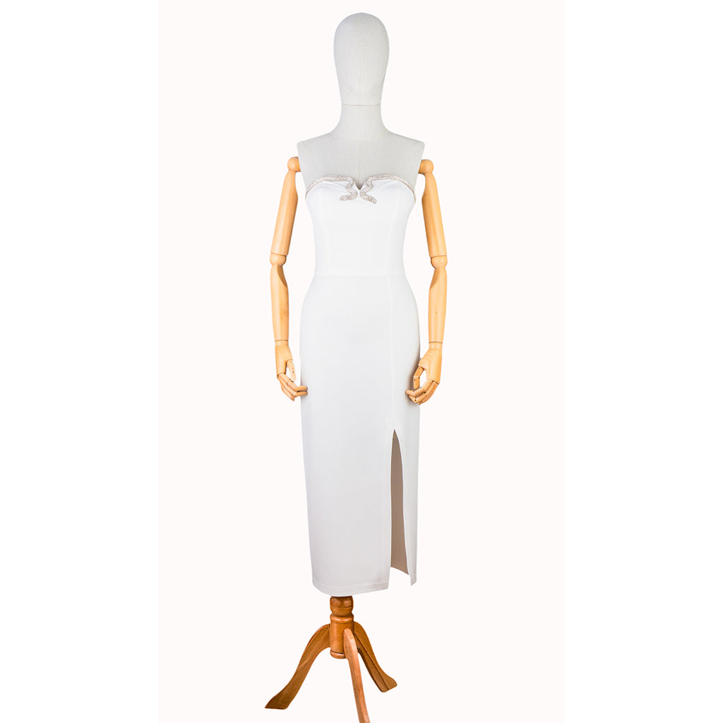 White Strapless Dress with Crystal Bow and Slit