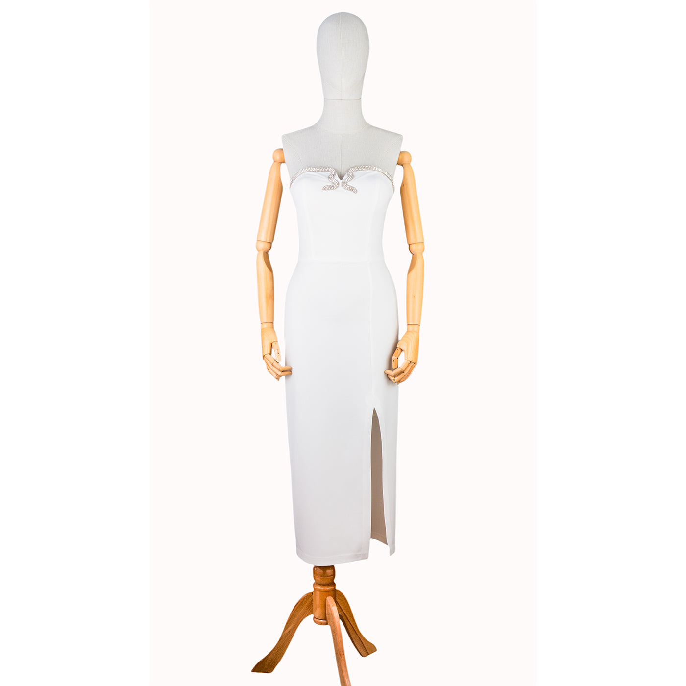 White Strapless Dress with Crystal Bow and Slit