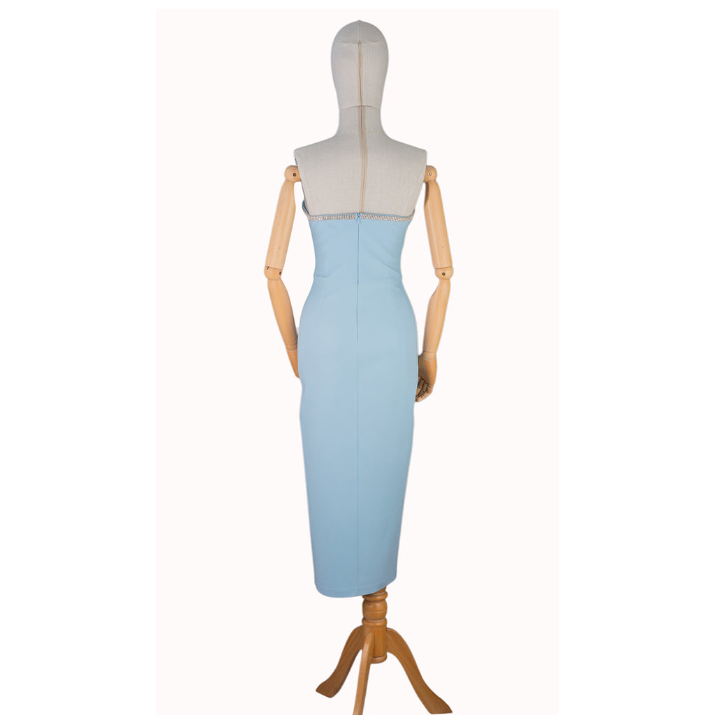 Light Blue Strapless Dress with Crystal Bow and Front Slit