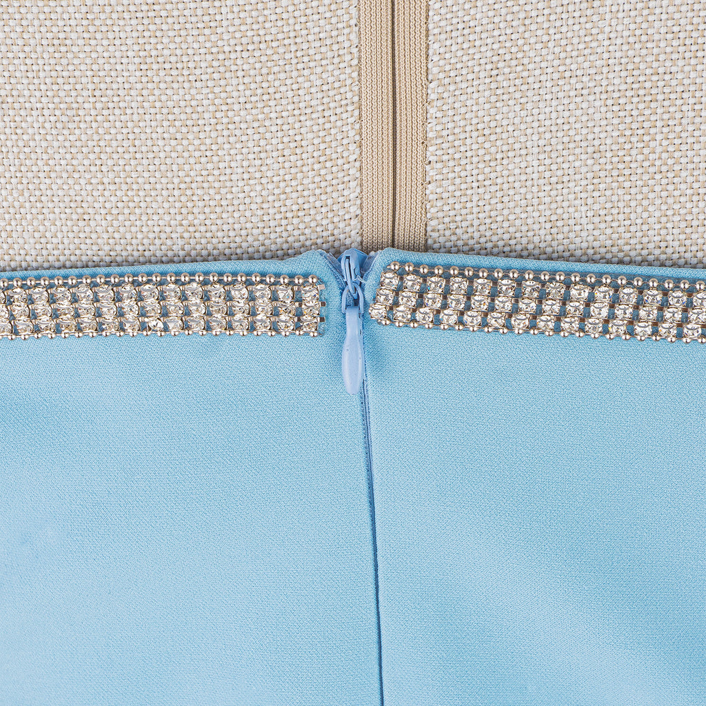 Light Blue Strapless Dress with Crystal Bow and Front Slit