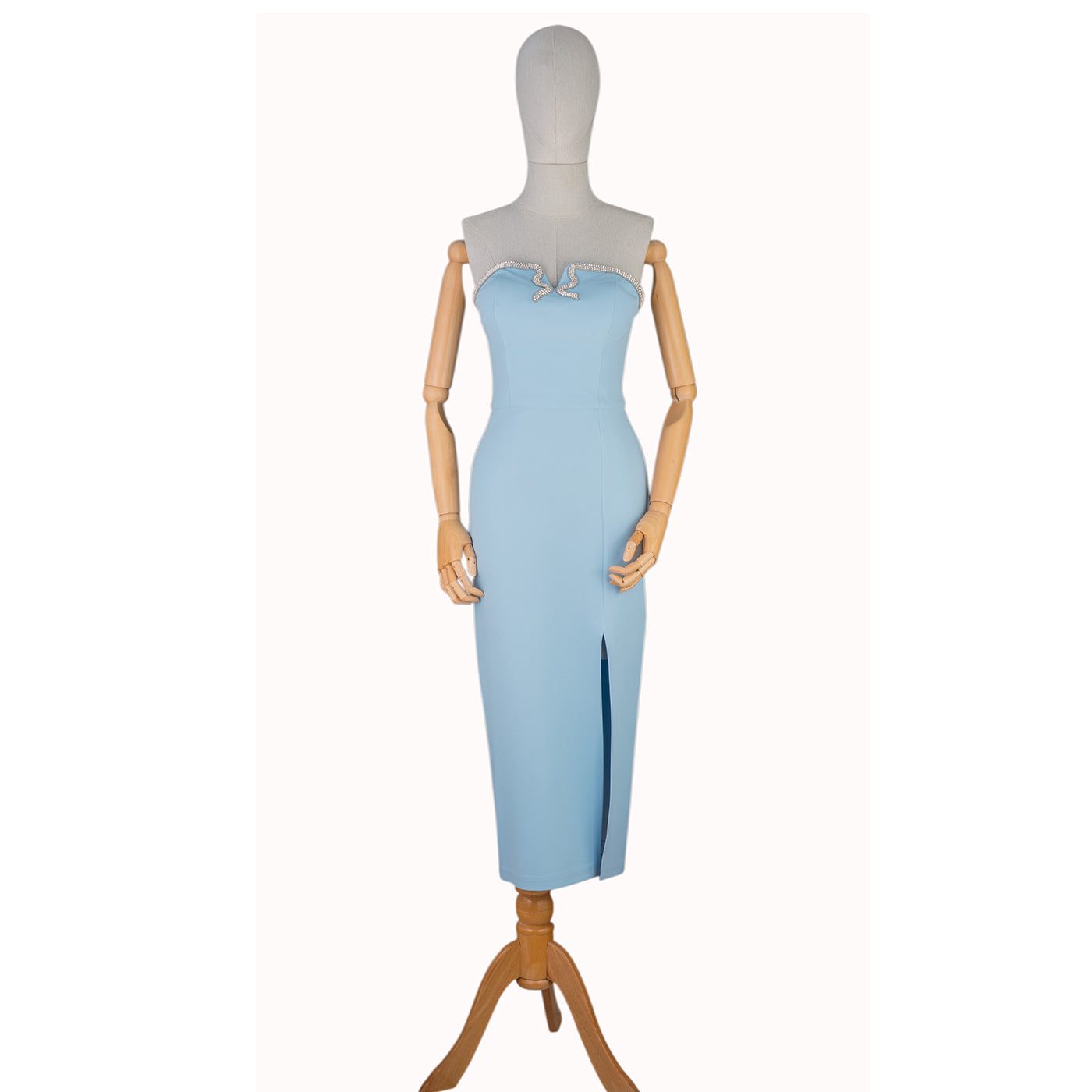 Light Blue Strapless Dress with Crystal Bow and Front Slit