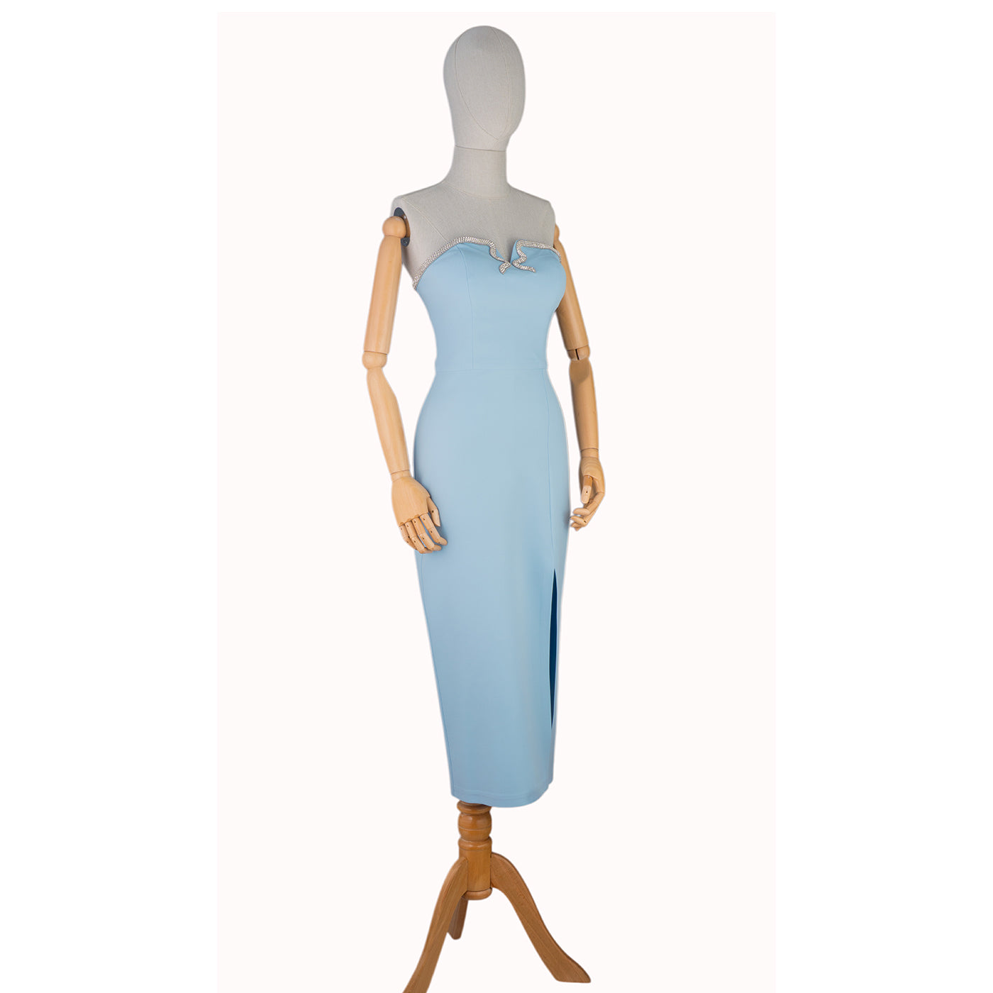 Light Blue Strapless Dress with Crystal Bow and Front Slit