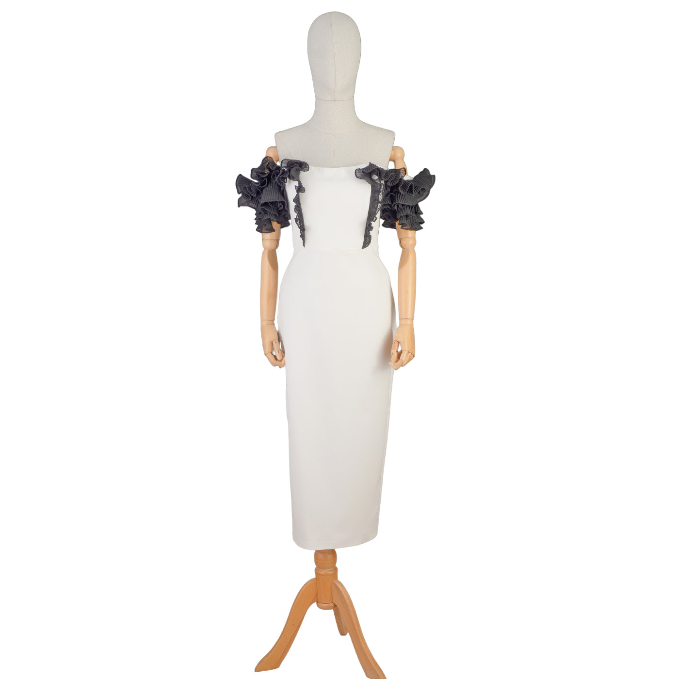 White Midi Dress with Black Sculptural Sleeves