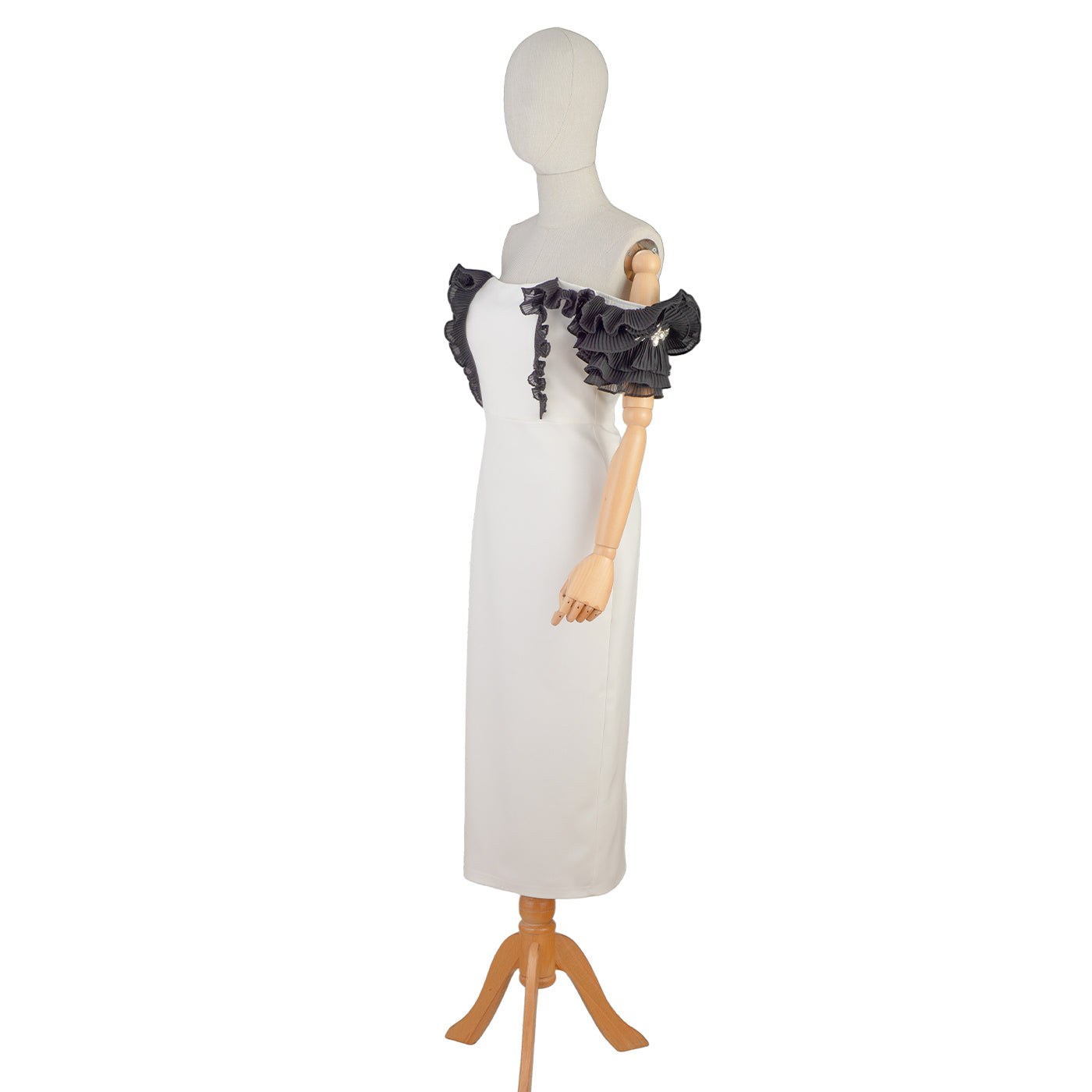 White Midi Dress with Black Sculptural Sleeves