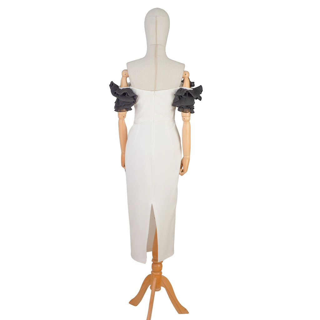 White Midi Dress with Black Sculptural Sleeves