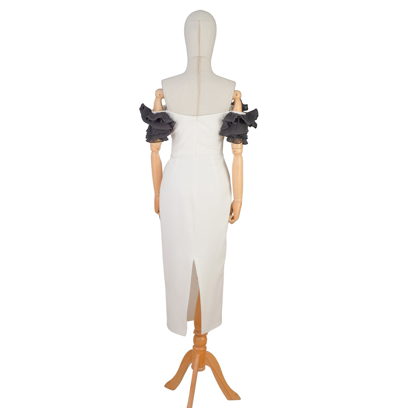 White Midi Dress with Black Sculptural Sleeves