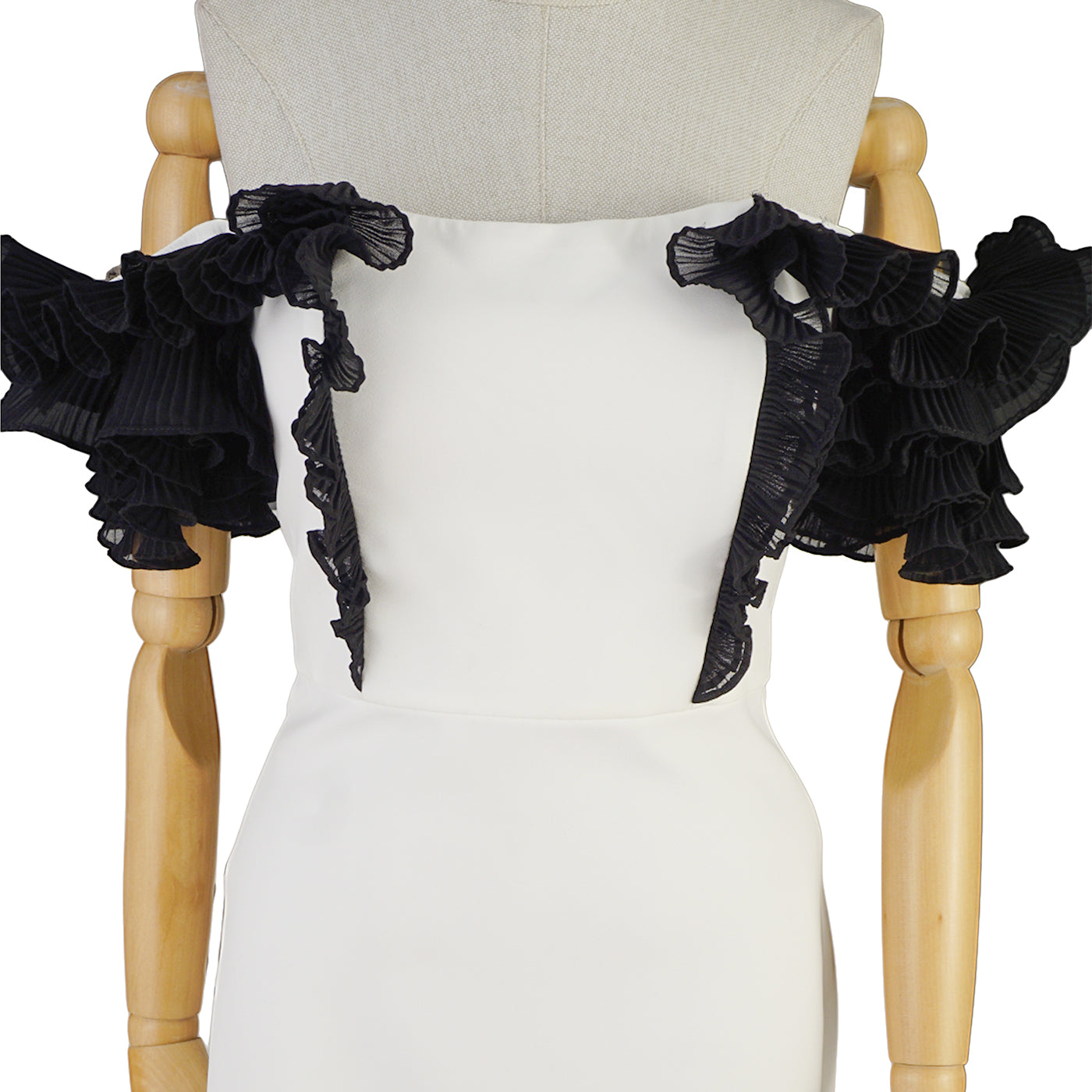 White Midi Dress with Black Sculptural Sleeves