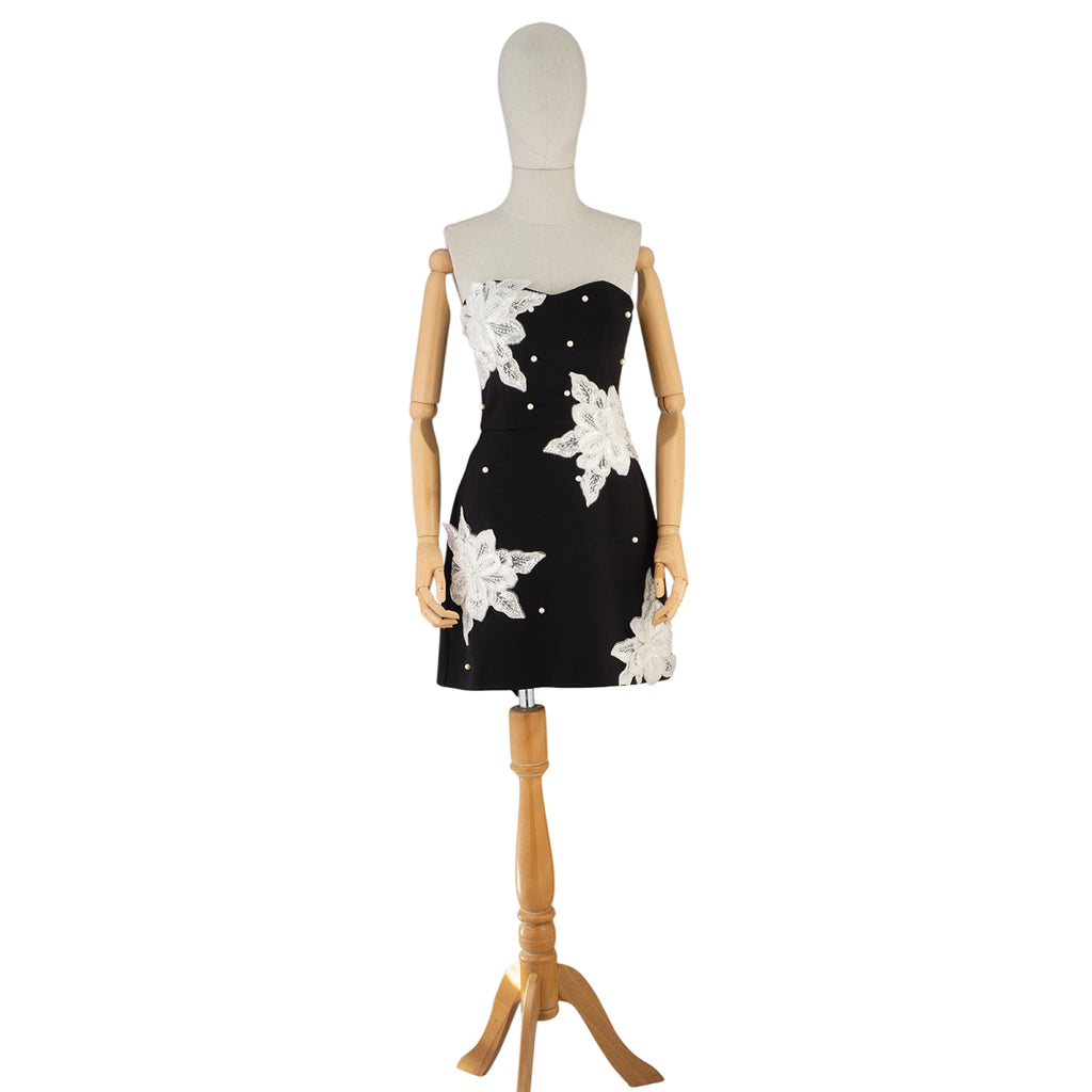 Black Mini Dress with White Floral Embroidery and Pearls
