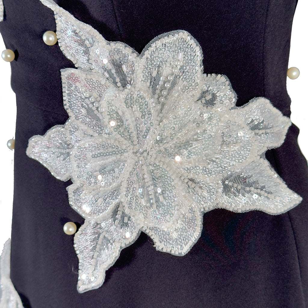 Black Mini Dress with White Floral Embroidery and Pearls