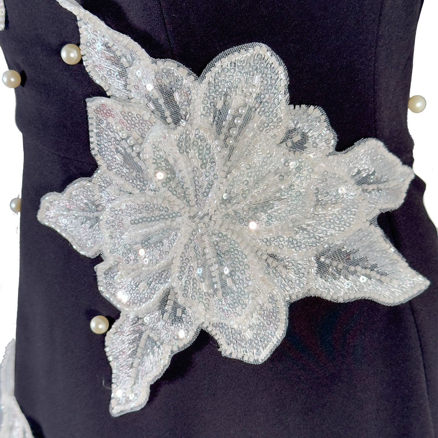 Black Mini Dress with White Floral Embroidery and Pearls