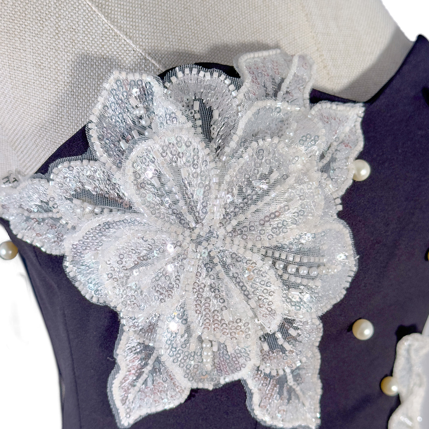 Black Mini Dress with White Floral Embroidery and Pearls