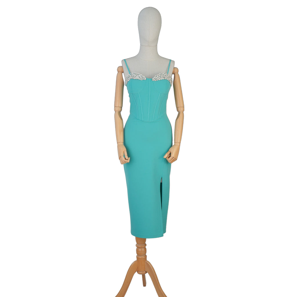 Turquoise Corset-Style Midi Dress with Pearl Details