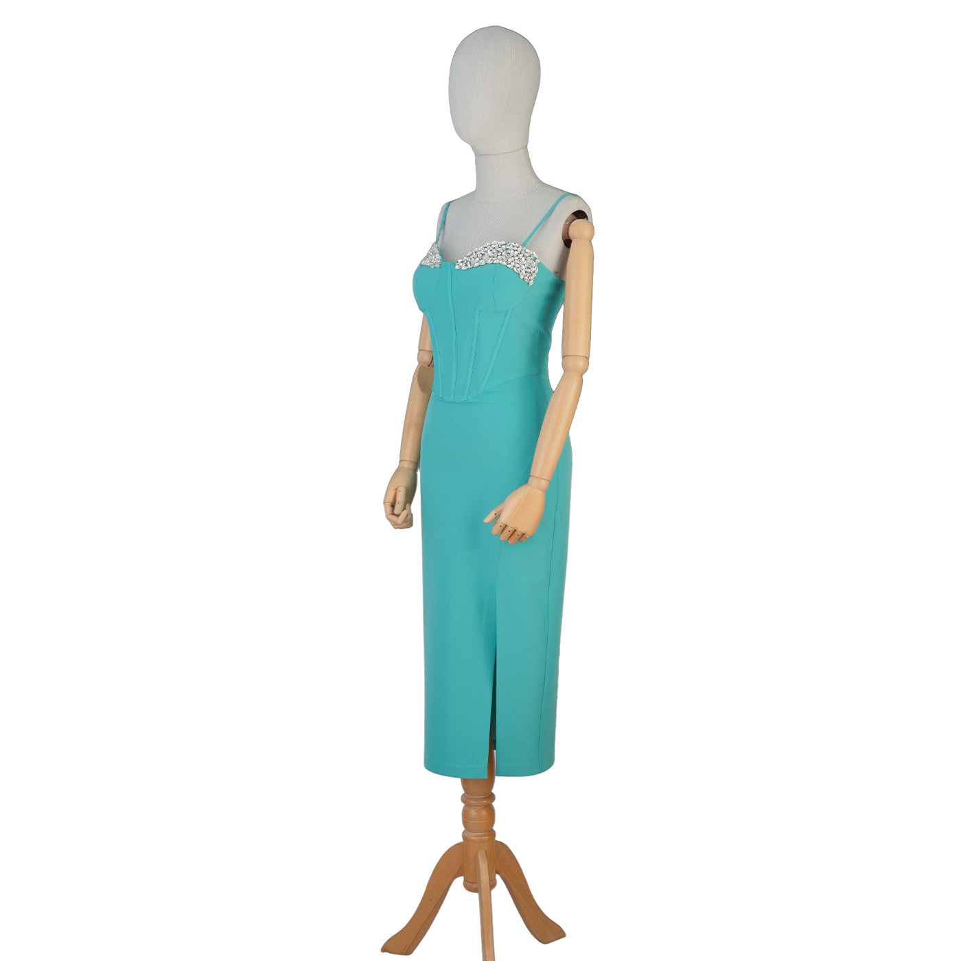 Turquoise Corset-Style Midi Dress with Pearl Details