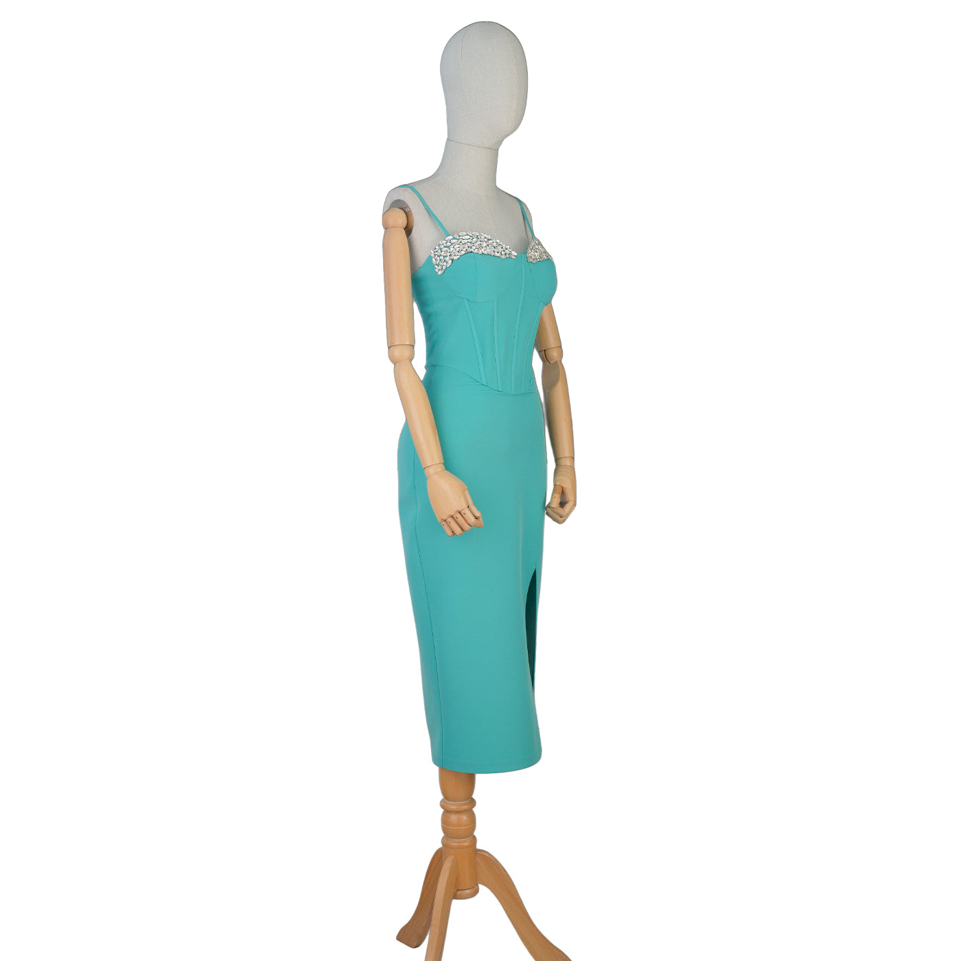 Turquoise Corset-Style Midi Dress with Pearl Details