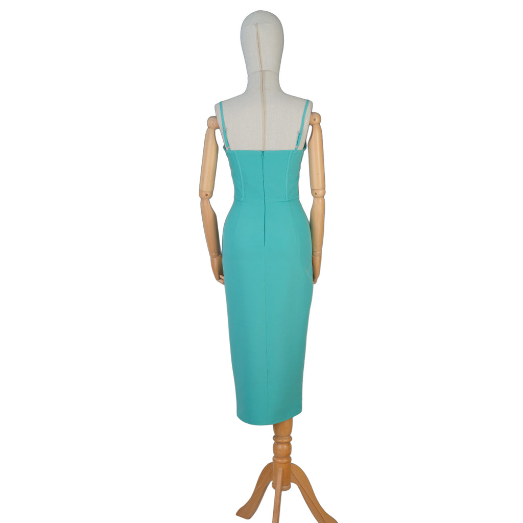 Turquoise Corset-Style Midi Dress with Pearl Details