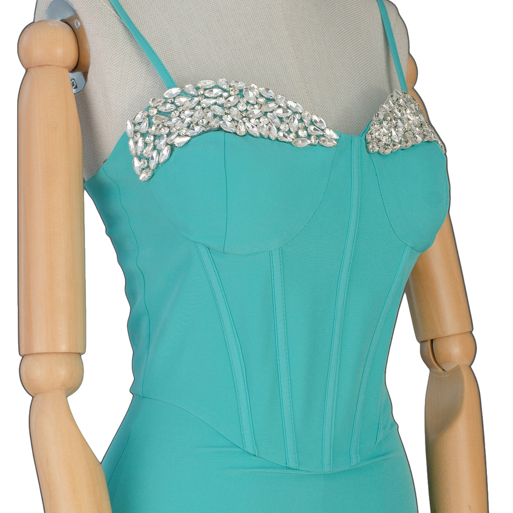 Turquoise Corset-Style Midi Dress with Pearl Details