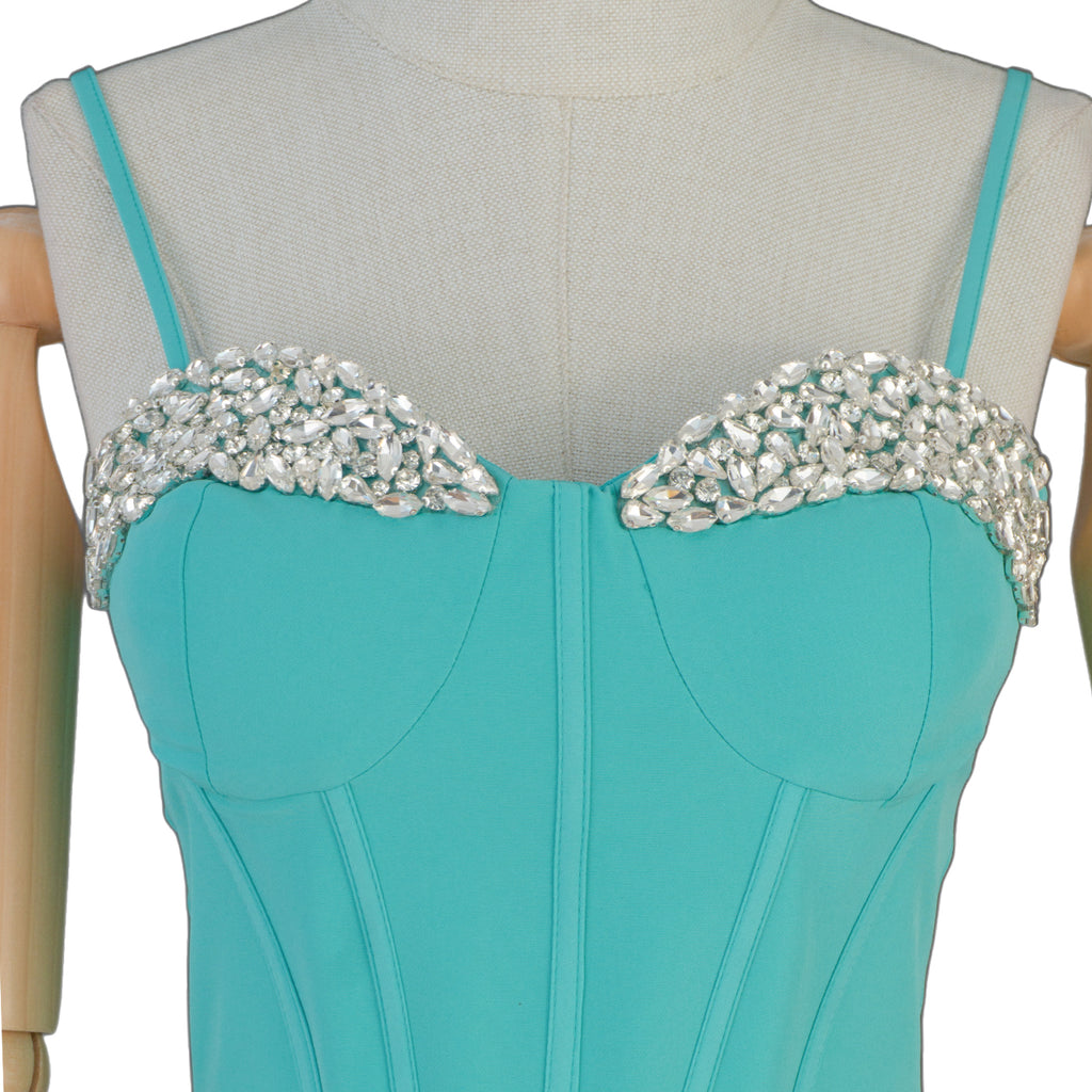 Turquoise Corset-Style Midi Dress with Pearl Details