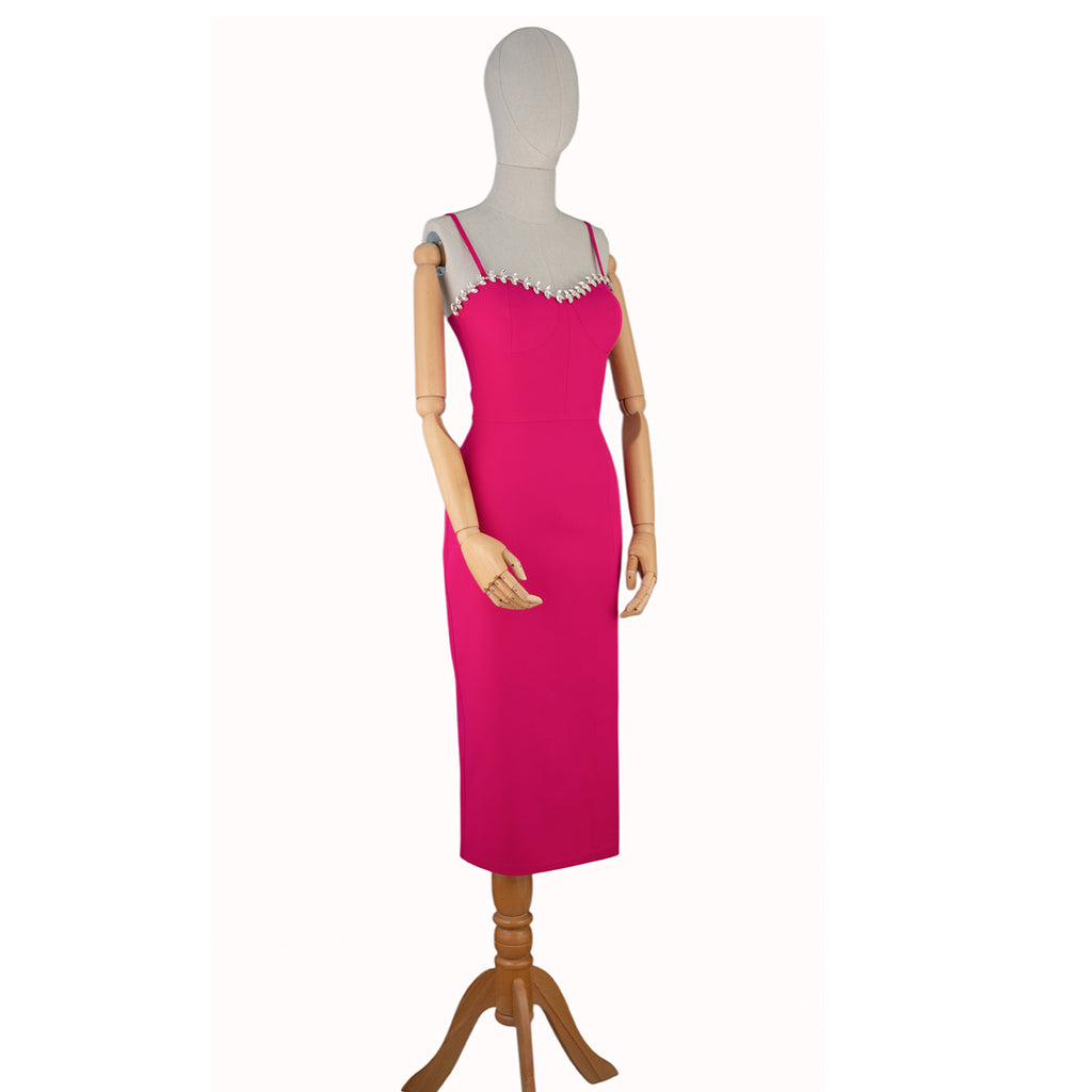Fuchsia Dress with Pearl Trim and Thin Straps