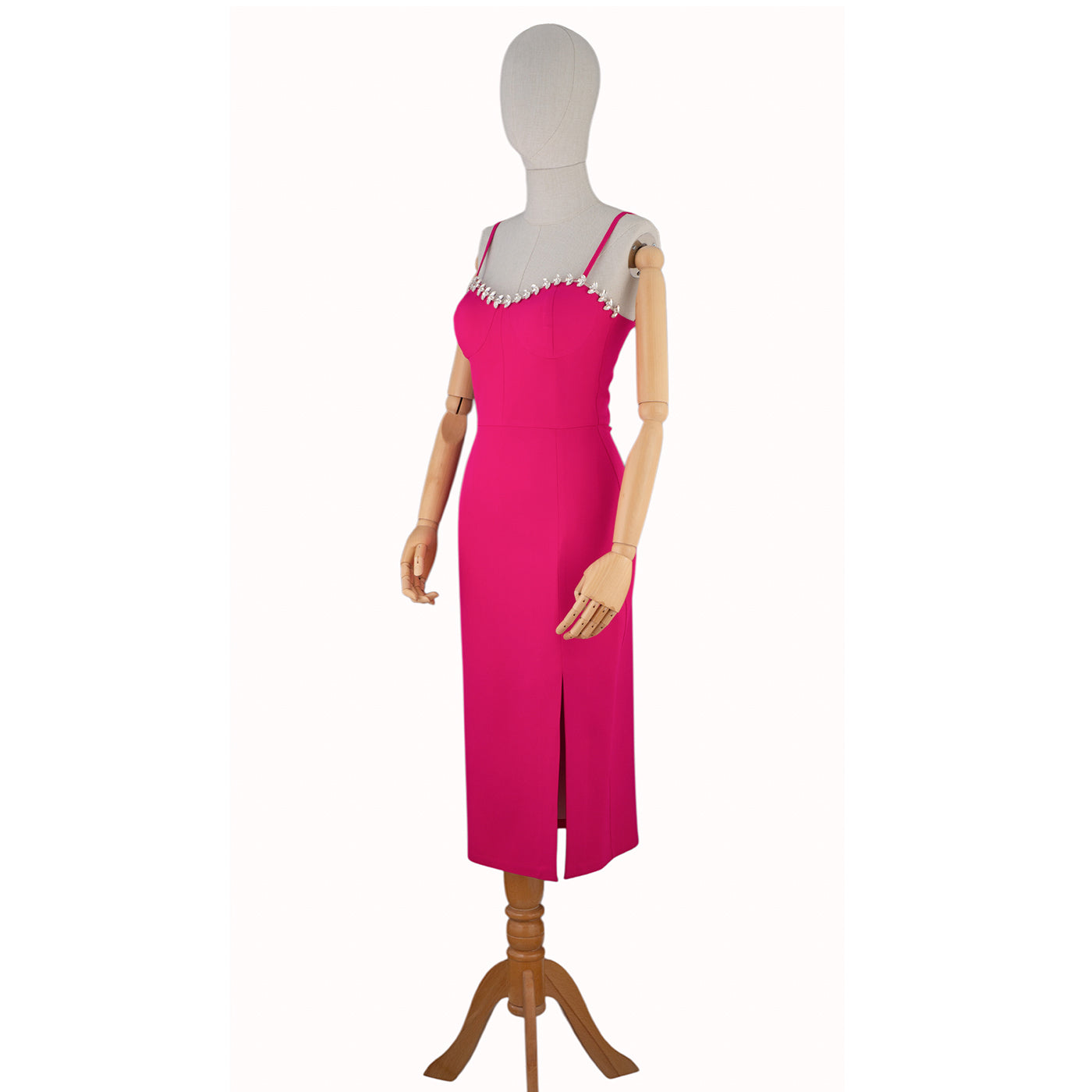 Fuchsia Dress with Pearl Trim and Thin Straps