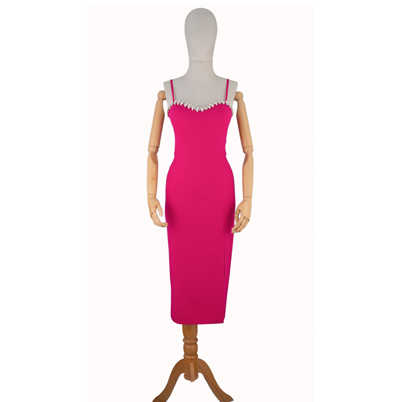 Fuchsia Dress with Pearl Trim and Thin Straps