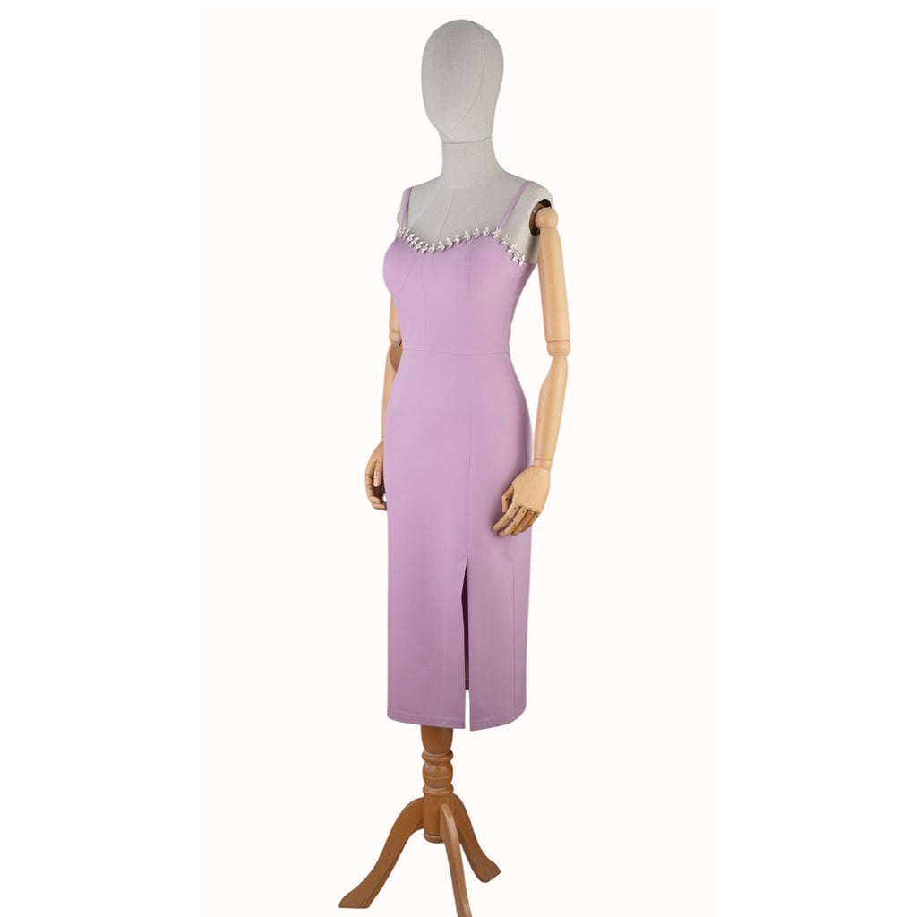 Lilac Midi Dress with Double Straps and Fitted Silhouette