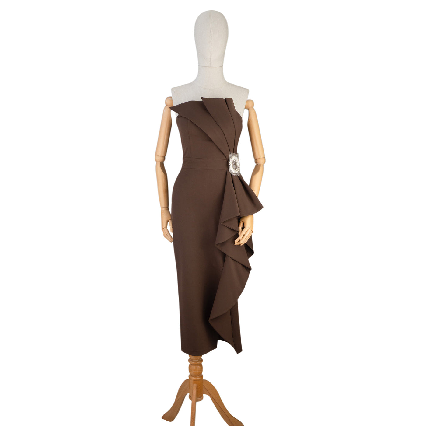 Brown Midi Dress with Ruffle Detail and Brooch Accent