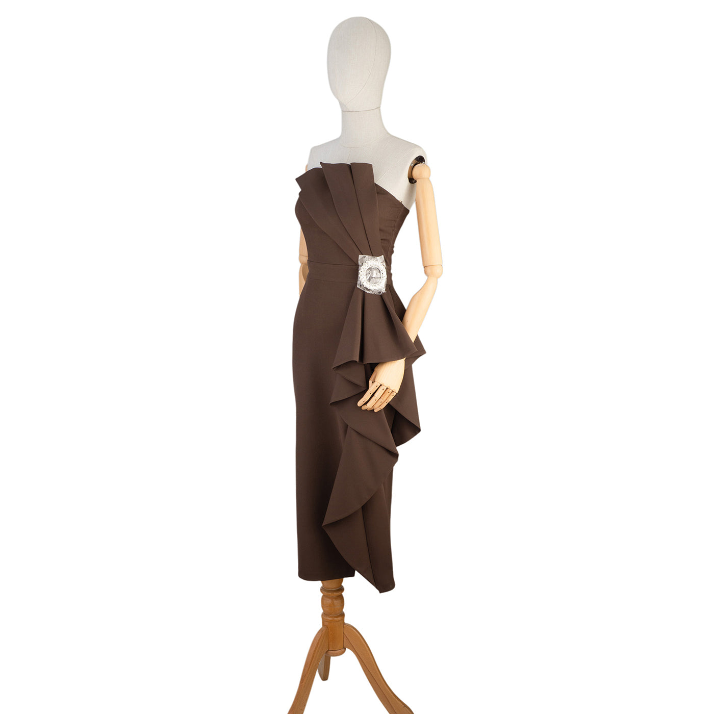 Brown Midi Dress with Ruffle Detail and Brooch Accent